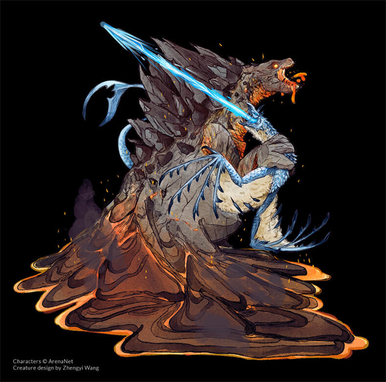 Illustration numérique représentant un dragon de feu et un dragon de glace se battant l'un contre l'autre.