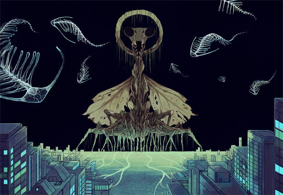 Illustration numérique d'un insecte fantastique veillant sur une ville moderne.