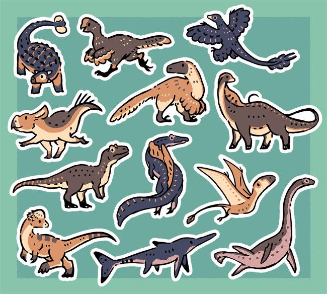 Illustration numérique de 12 dinosaures différents et autres animaux préhistoriques.