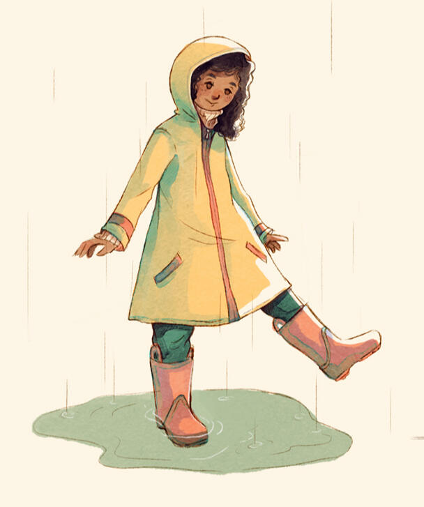 Illustration numérique représentant un enfant jouant sous la pluie.