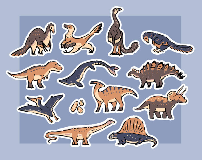 Illustration numérique de 12 dinosaures différents et autres animaux préhistoriques.