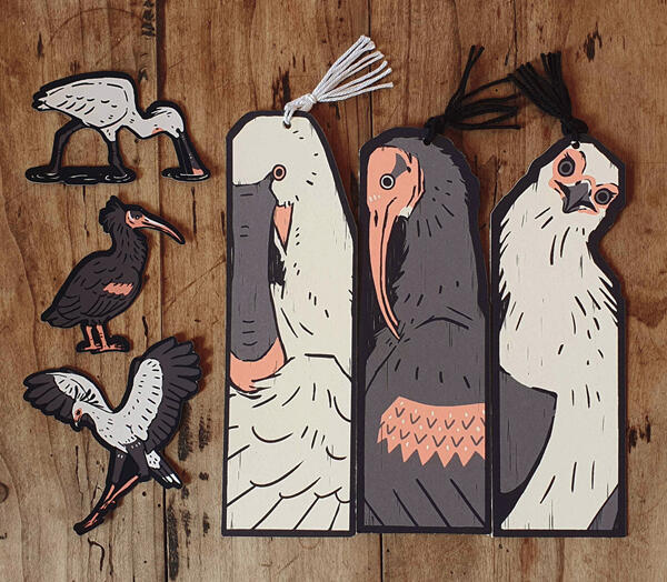 Spoonbill, waldrapp and secretary bird handmade bookmarks and matching stickers.
