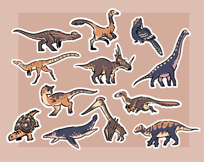 Digitale Illustration von 12 verschiedenen Dinosauriern und anderen prähistorischen Tieren.