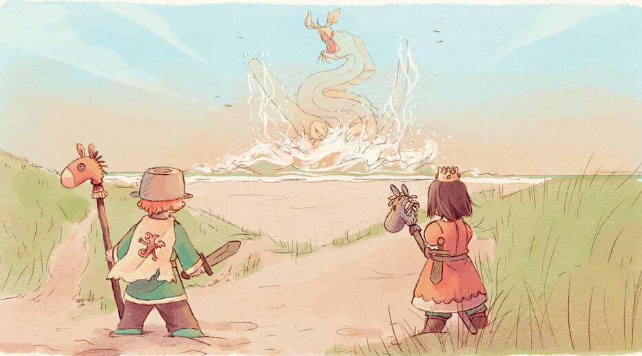 Digitale Illustration von zwei Kindern, die Ritter und Prinzessin am Strand spielen.