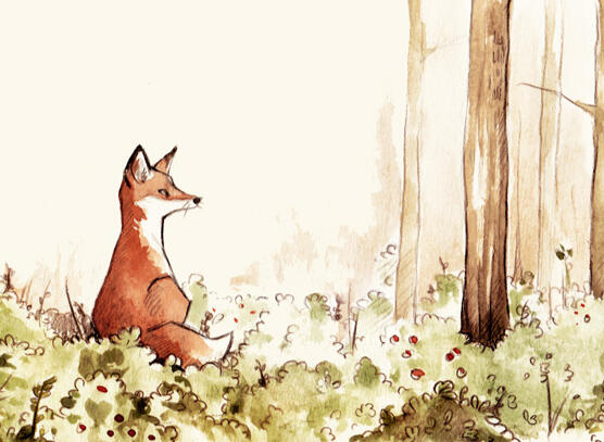 Wasserfarben Illustration von einem Fuchs in einem Wald.