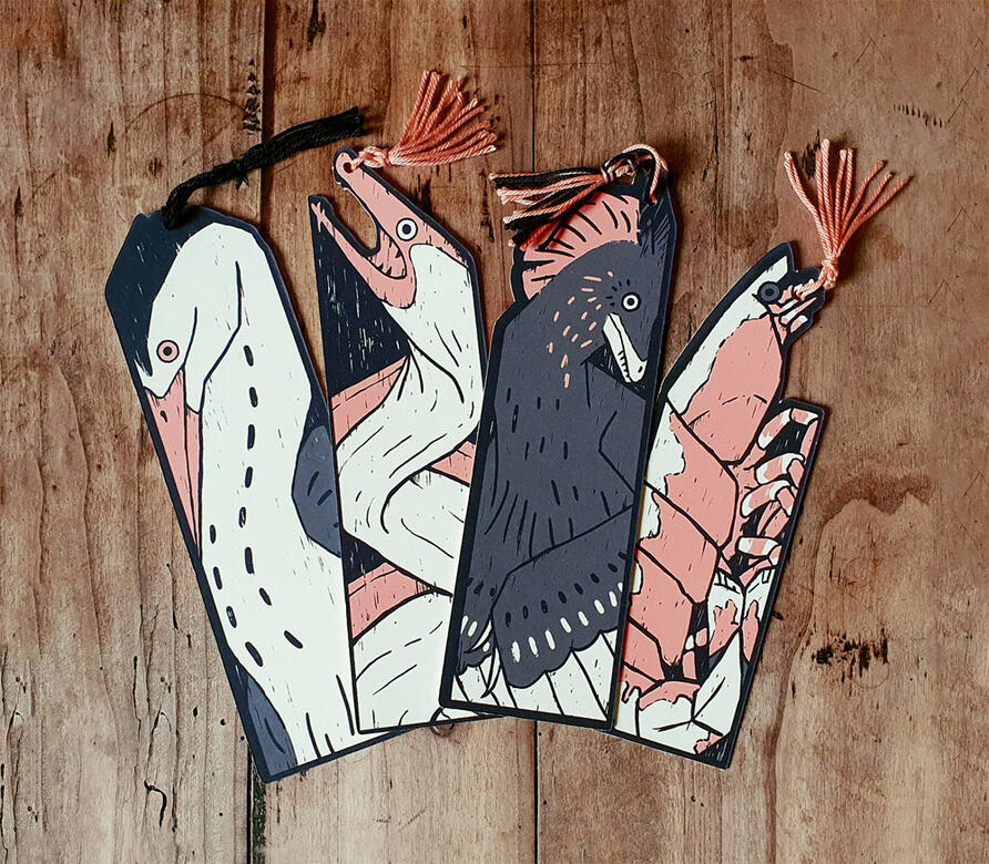 Heron, ribbon eel, anchiornis and shrimp handmade bookmarks.