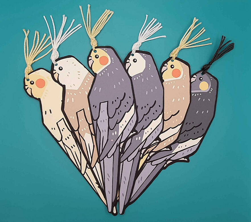Handmade cockatiel bookmarks in 6 different colours.