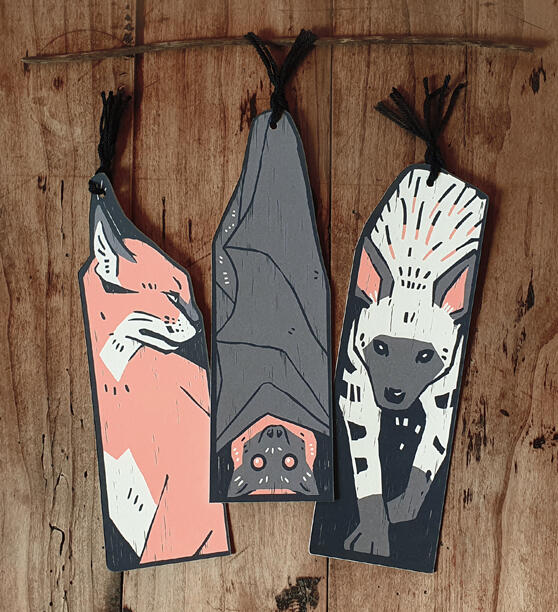 Caracal, flying fox and striped hyena handmade bookmarks.