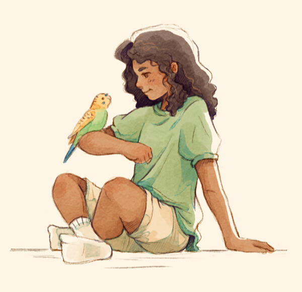 Digital illustration of a child playing with a pet parakeet.