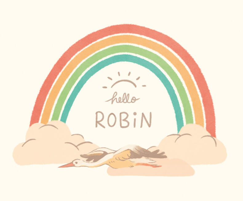 Digital illustration of a stork flying in front of a rainbow with the words &quot;Hello Robin&quot;