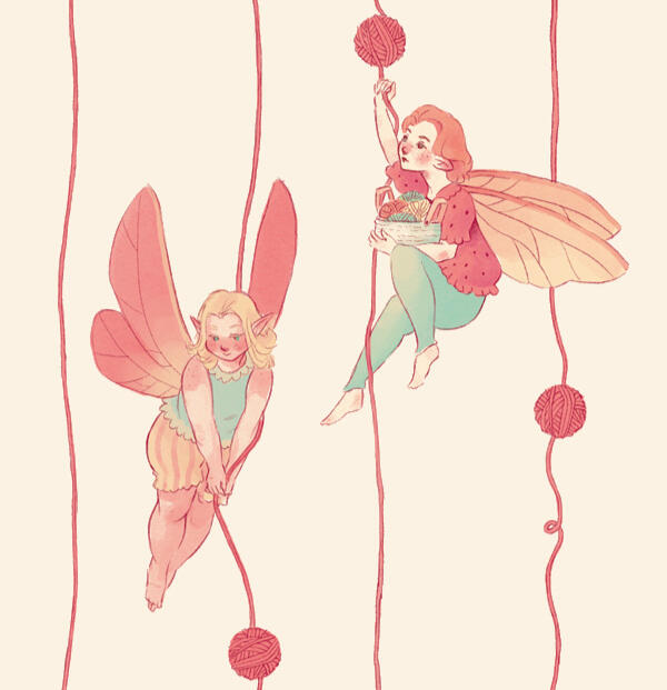 Digital illustration of two fairies holding onto strings of yarn.