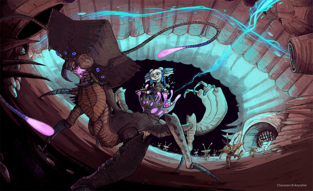 Digital illustration of an insectoid fantasy creature in its hive.