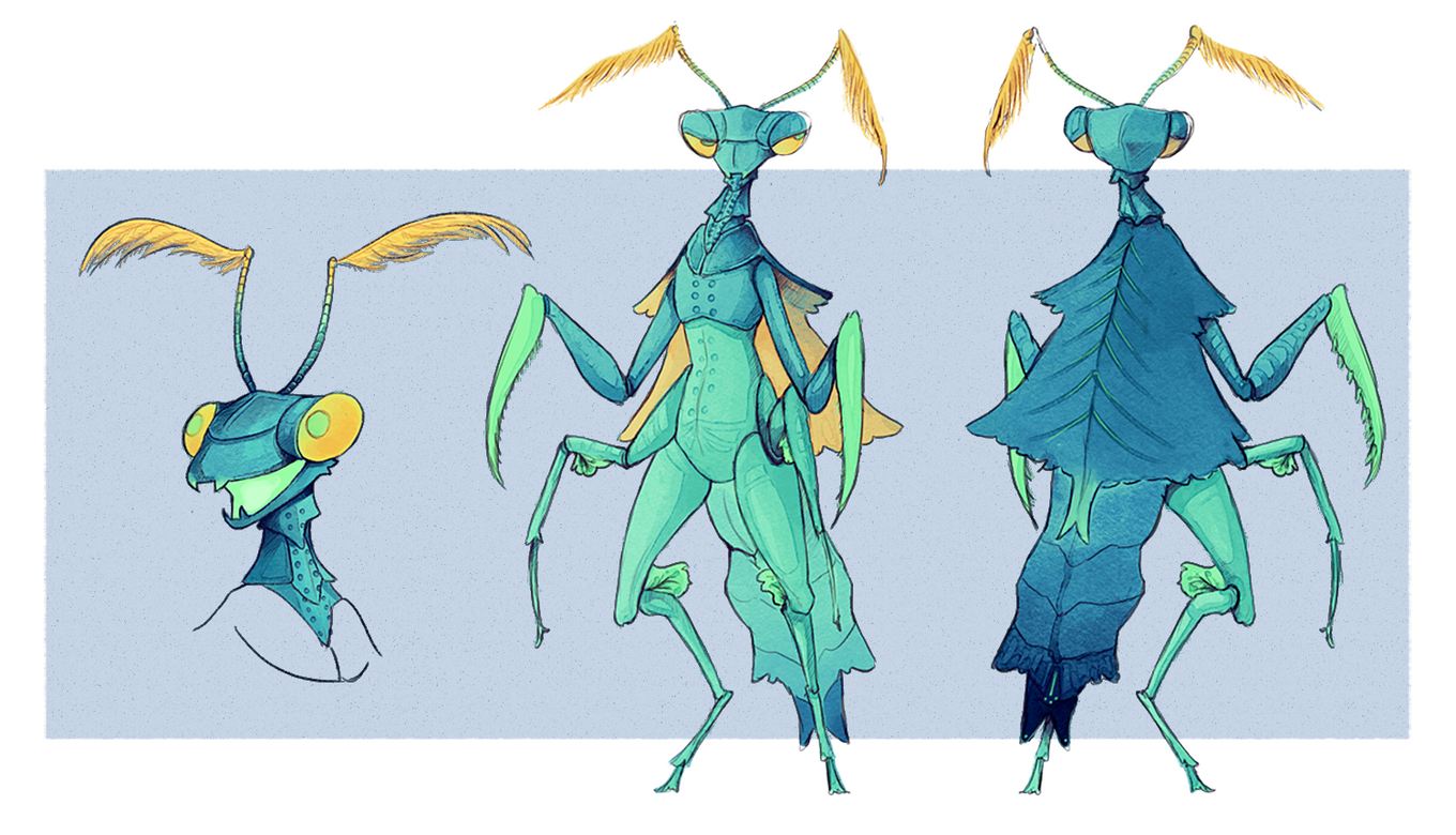 Reference sheet for a mantis character.